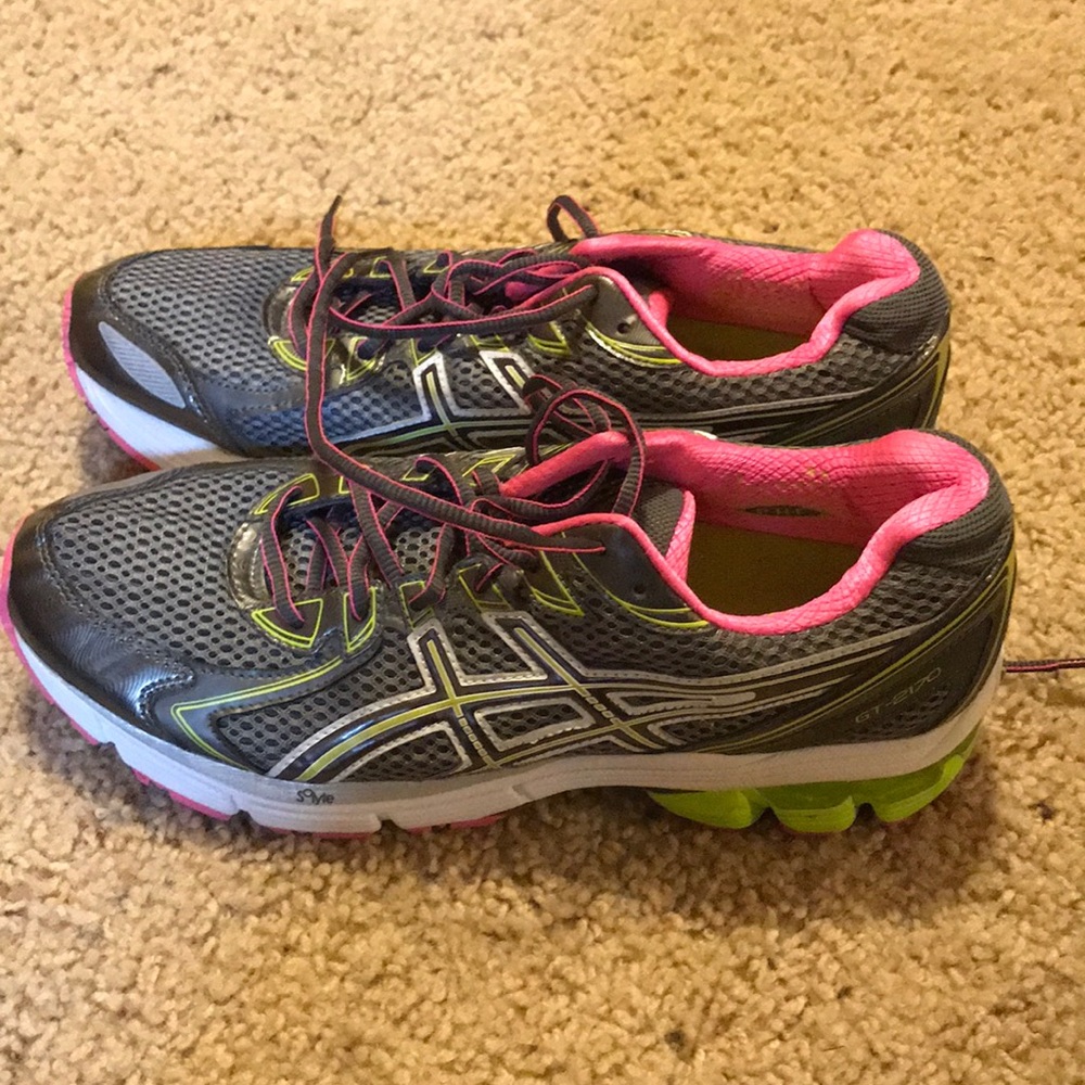 ASICS tennis shoes size 11.5 green, grey and pink